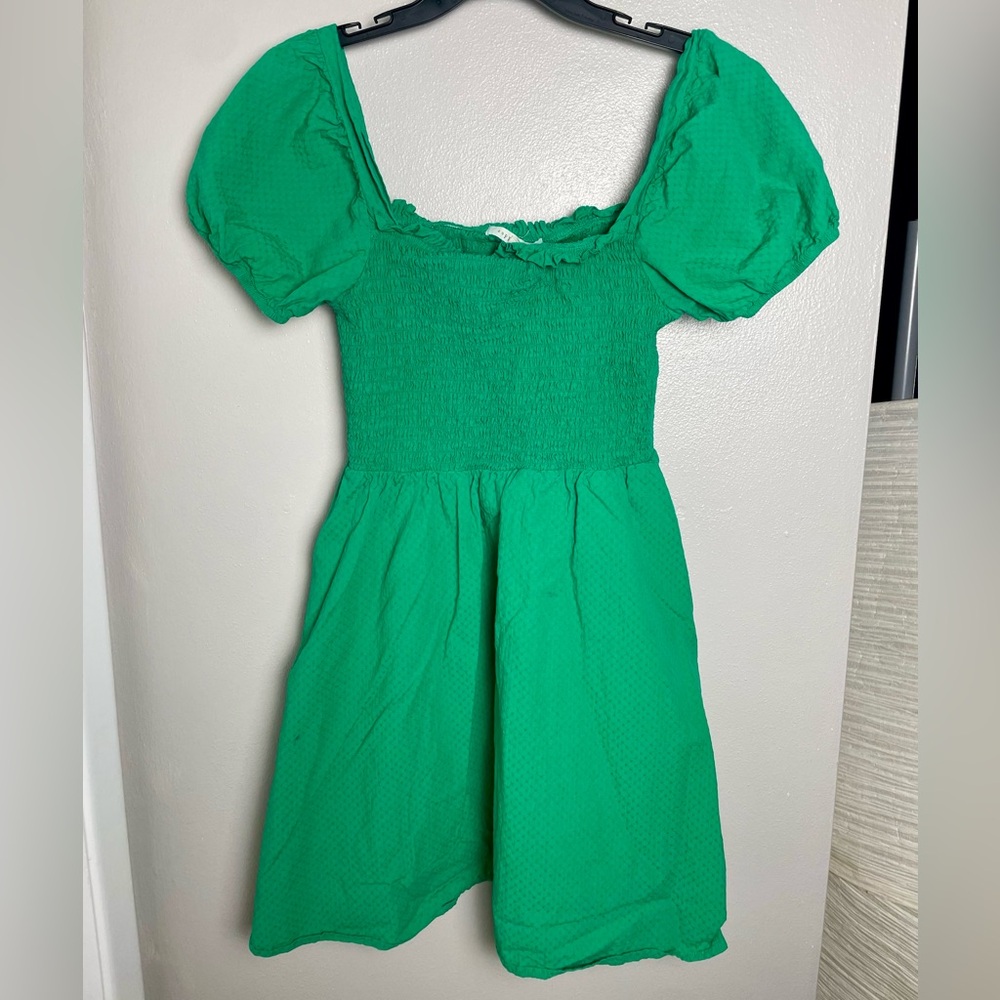 Green Puff Sleeve Smocked Dress 100% Cotton